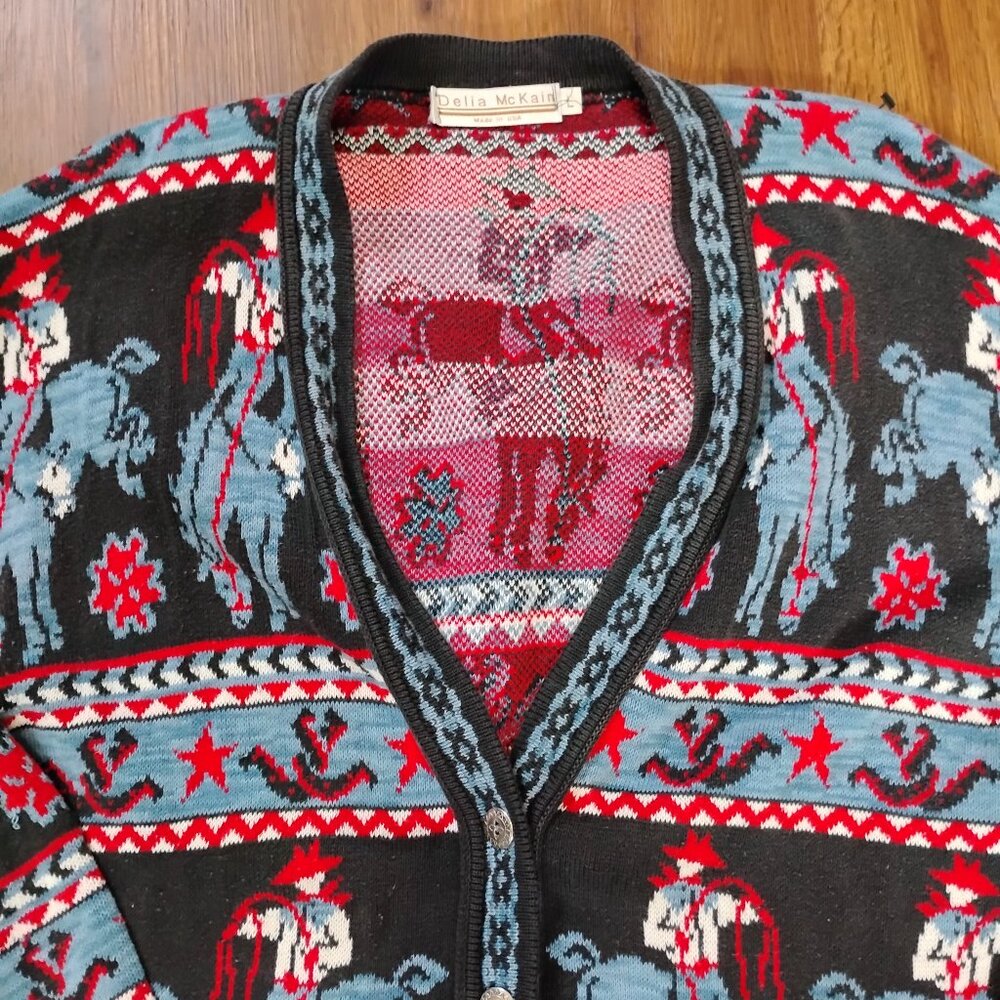 Vintage Delia McKain Cowboy Bronco Rodeo Novelty Cardigan Sweater